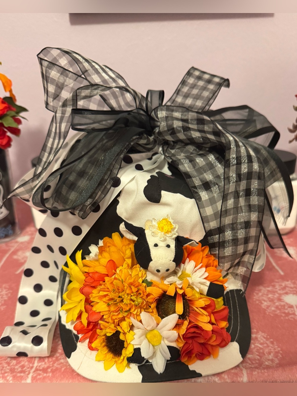 Floral Cow-Themed Party Hat with Black & White Ribbon
